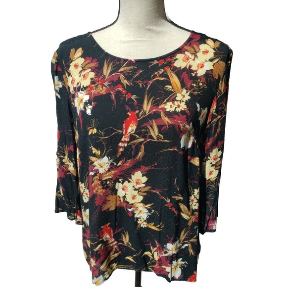 J. Jill Womens Sz S Floral Bird Patterned Rayon Blouse Keyhole Back 3/4 Sleeves - Picture 1 of 10